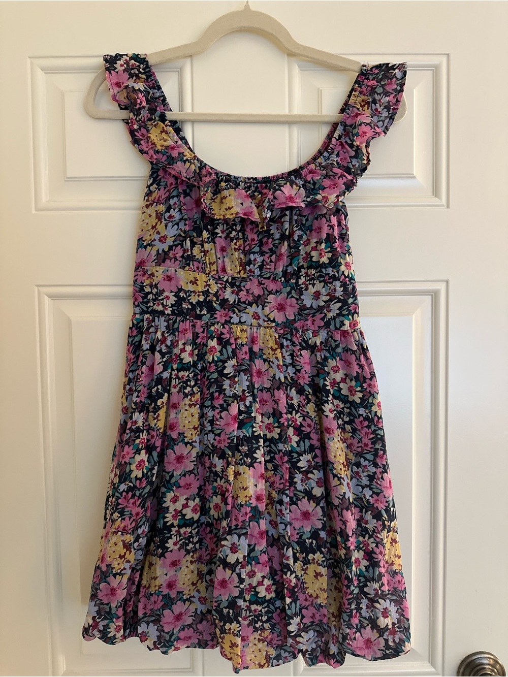 100% cotton GAP Navy Floral Ruffle-Trim Sundress with Pink & Yellow Flowers